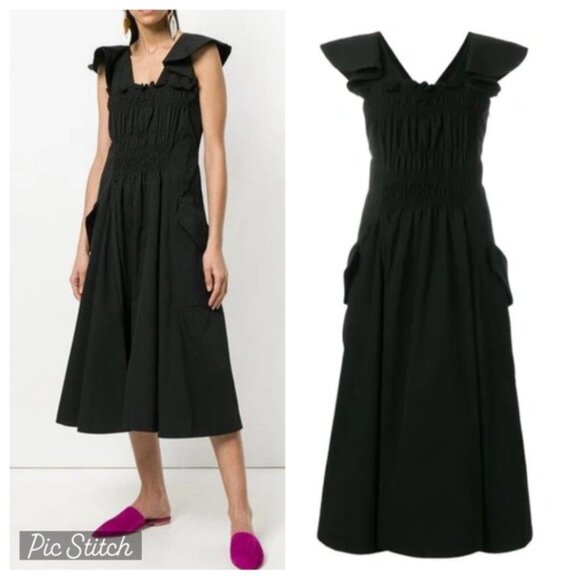 CARVEN Square Neckline Black Dress with Pockets Ruffle Size 36 / US 4 / S - Picture 2 of 4